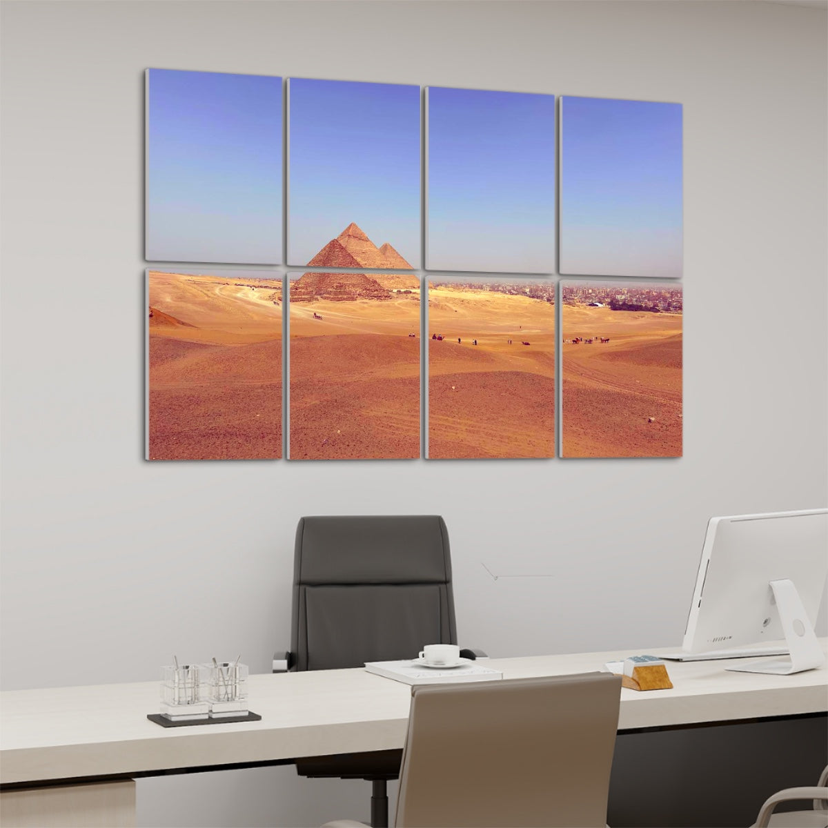 Left-angle view of technicolor Distant Pyramids wall panels with vivid colors and stylized reinterpretation of the desert scene.