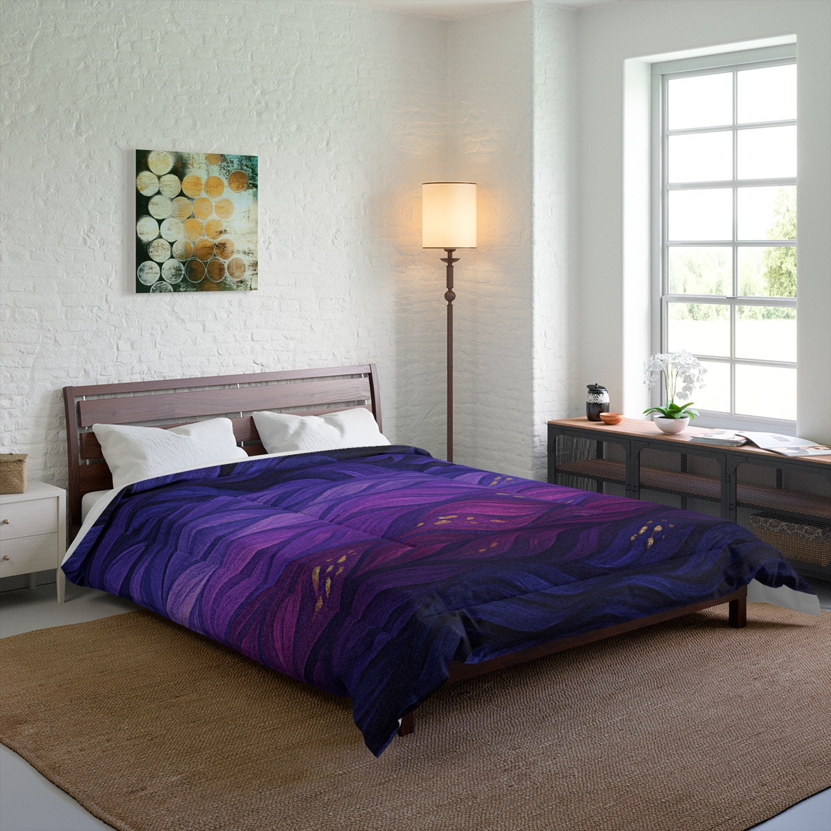Queen bed styled with the technicolor variant in deep saturated color layers. Size: 88" × 88"