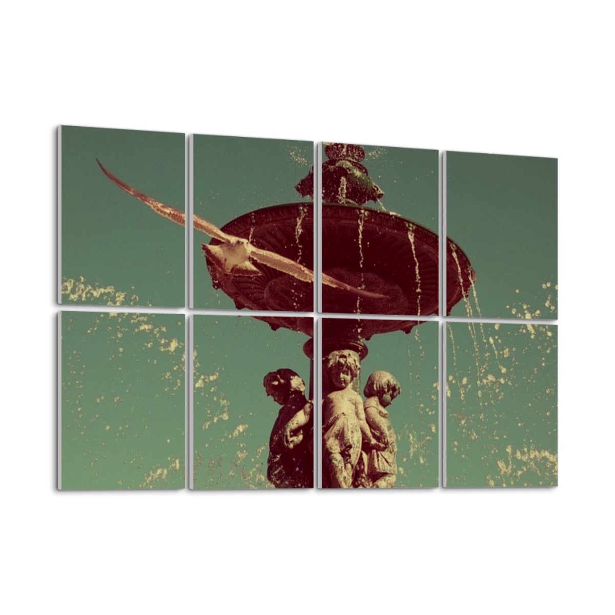 Technicolor acoustic panels showing a vibrant reinterpretation of Lisbon's fountain scene with saturated colors, flying bird, and dynamic water spray.