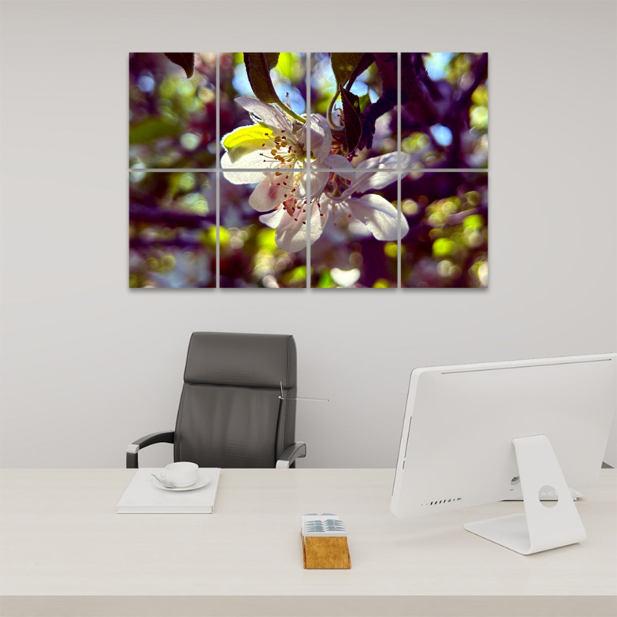 Technicolor floral panel design showing an expressive white flower with bright green and pink tones in sunlight, split between 8 sound absorbing panels.
