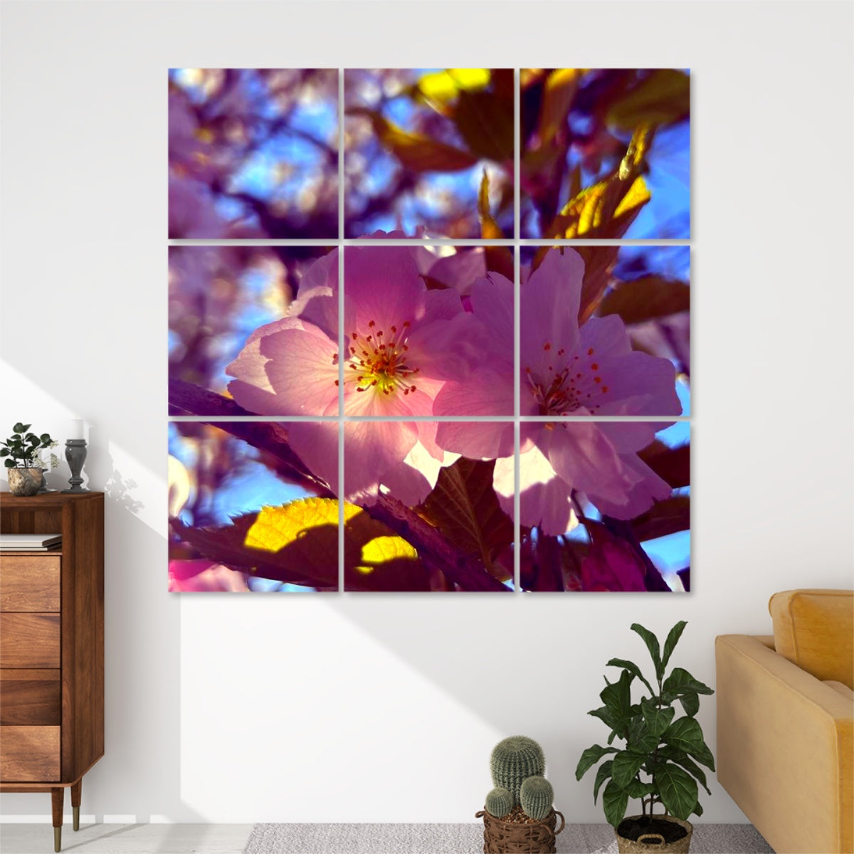 Bright technicolor version of spring blossoms and leaves, reimagined in vivid, saturated hues across 9 sound absorbing floral panels.