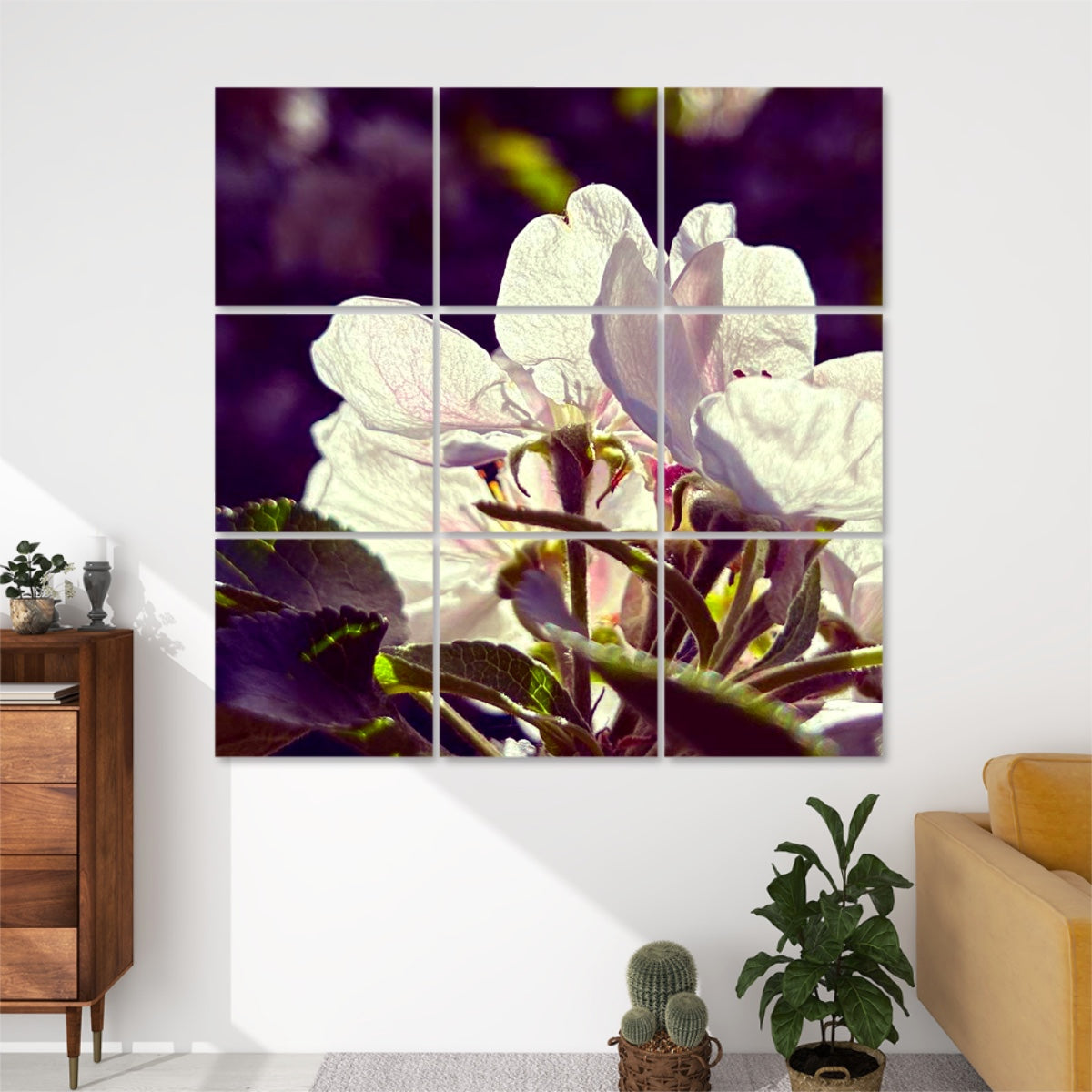 Vivid technicolor version of dramatic flower petals and leaves in saturated tones, arranged across 9 decorative acoustic wall panels.