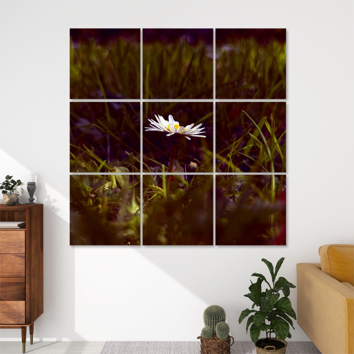 Technicolor version of a daisy in vibrant color, with saturated grass and floral highlights split across 9 acoustic wall panels.