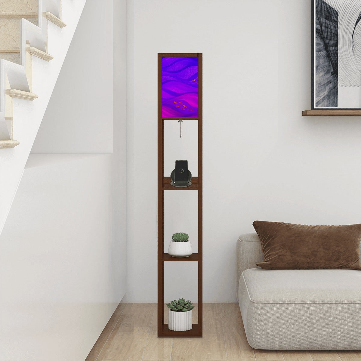 Walnut-finish wood floor lamp with three shelves showcasing a vase and books, topped by a linen cube shade in a striking rainbow technicolor wavy pattern. The lamp features a pull-chain switch and visible black power cord.