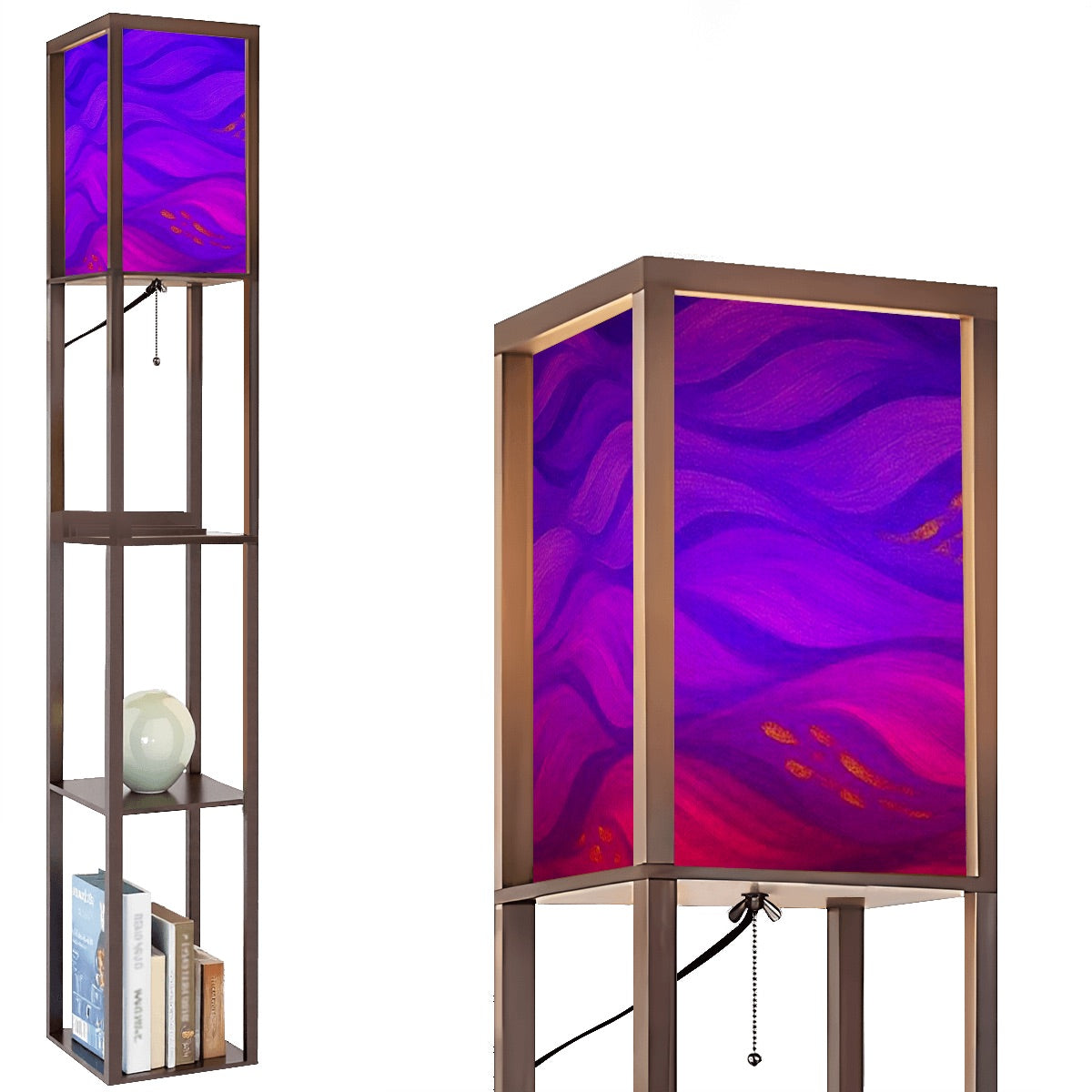 Walnut-finish wood floor lamp with three shelves showcasing a vase and books, topped by a linen cube shade in a striking rainbow technicolor wavy pattern. The lamp features a pull-chain switch and visible black power cord.