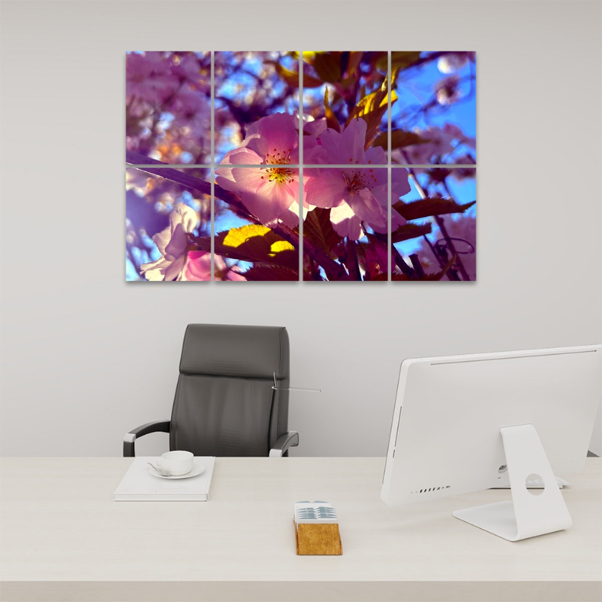 Vibrant technicolor floral wall panels with saturated pink blossoms and rich background tones, divided across 8 sound absorbing panels.