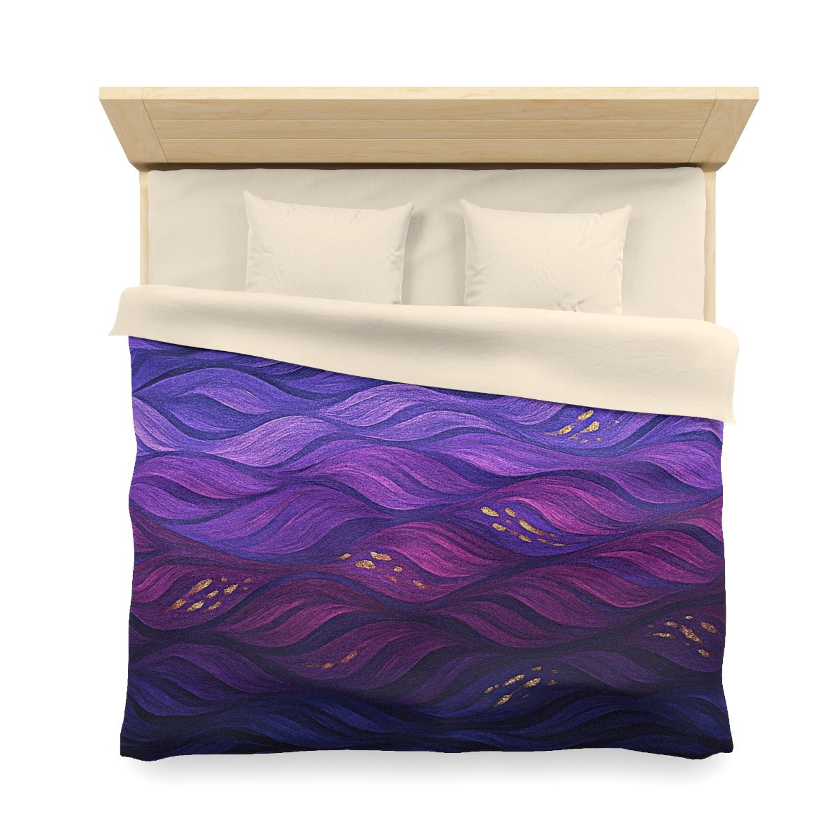 King size duvet cover in Technicolor with cream lining, rich blend of magenta, violet, and navy in rhythmic flow
