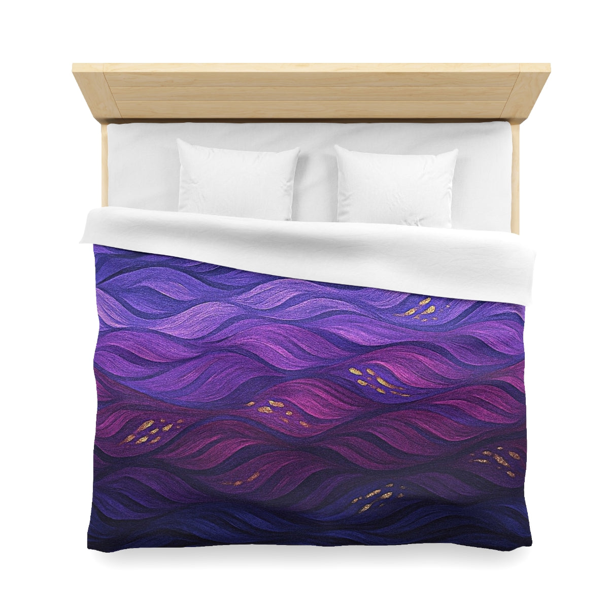 King size duvet cover in Technicolor with white lining, rich blend of magenta, violet, and navy in rhythmic flow
