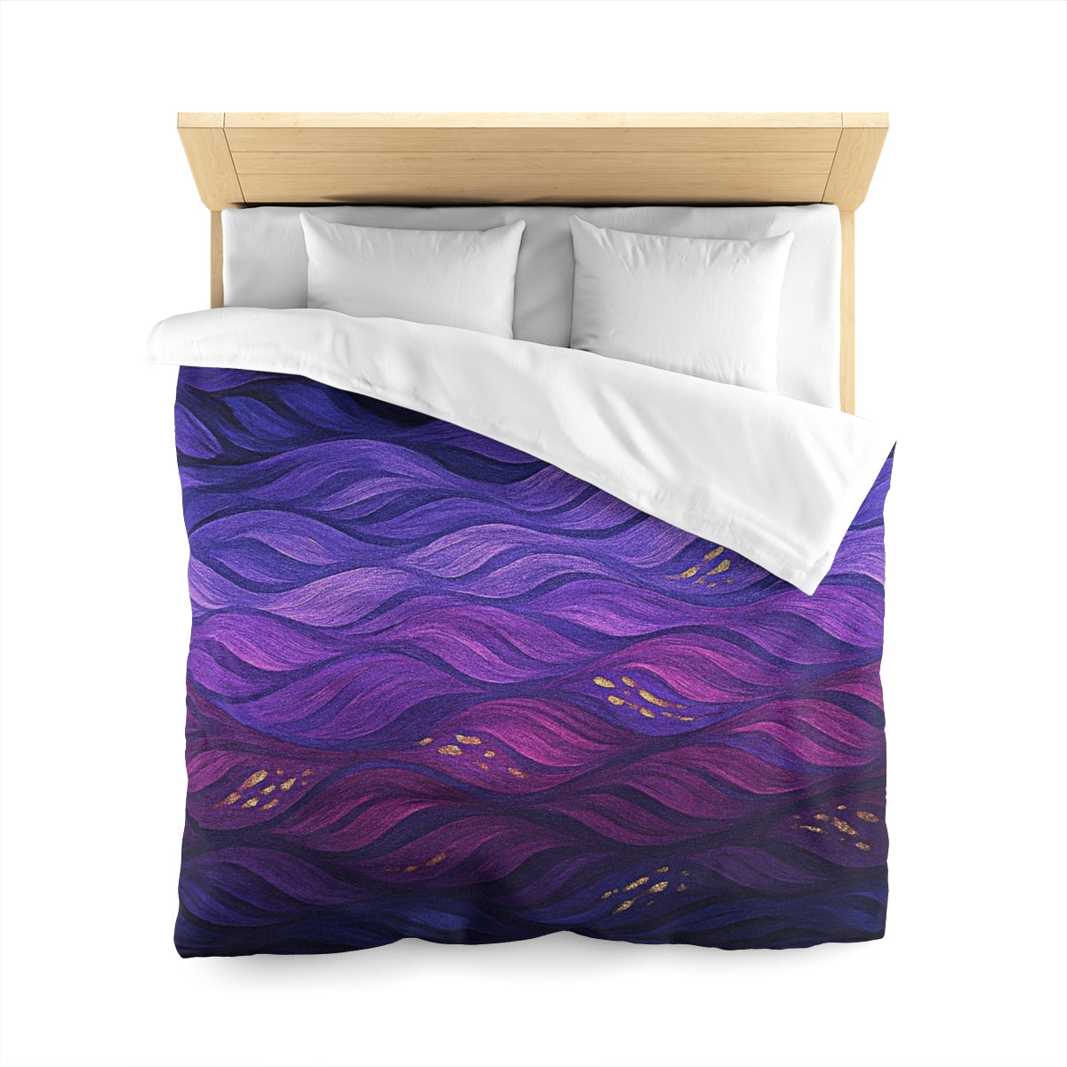 Queen size duvet cover in Technicolor with white lining, featuring a bold purple gradient with gold-flecked texture