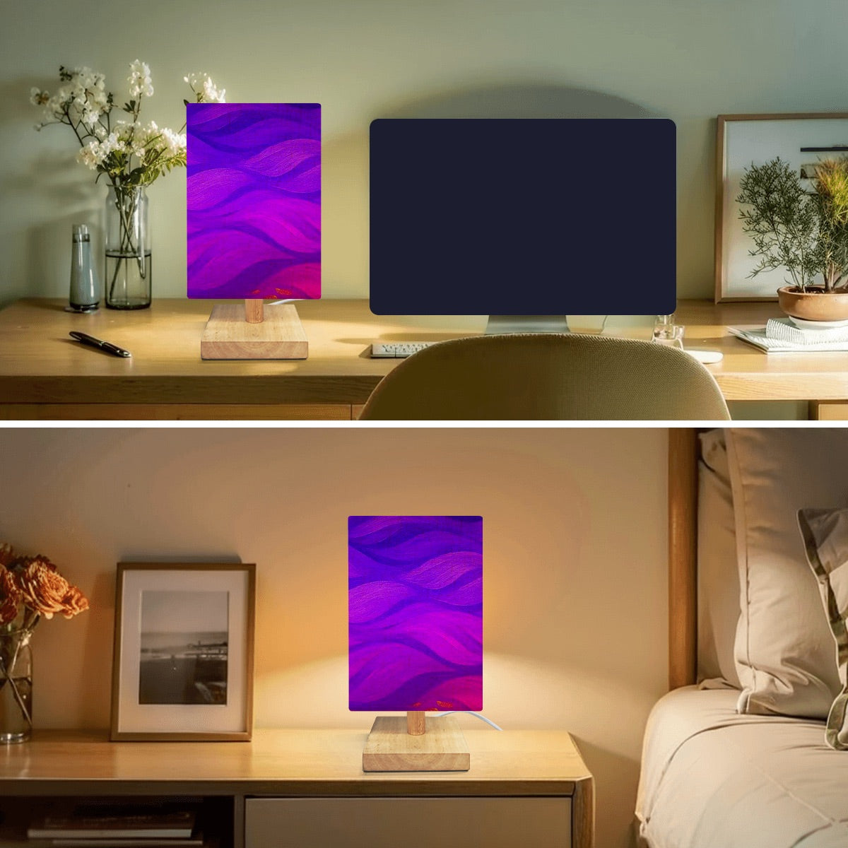 Square lamp featuring a vibrant rainbow gradient of swirling currents printed on a linen shade with gilded accents