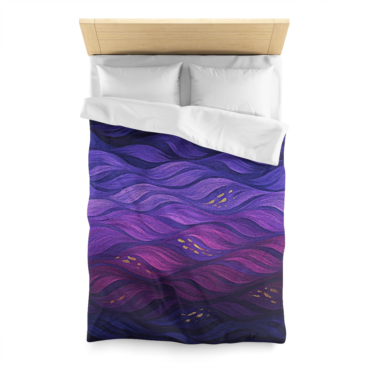 Twin size duvet cover in Technicolor with white lining, blending deep indigo with flashes of violet, pink, and gold
