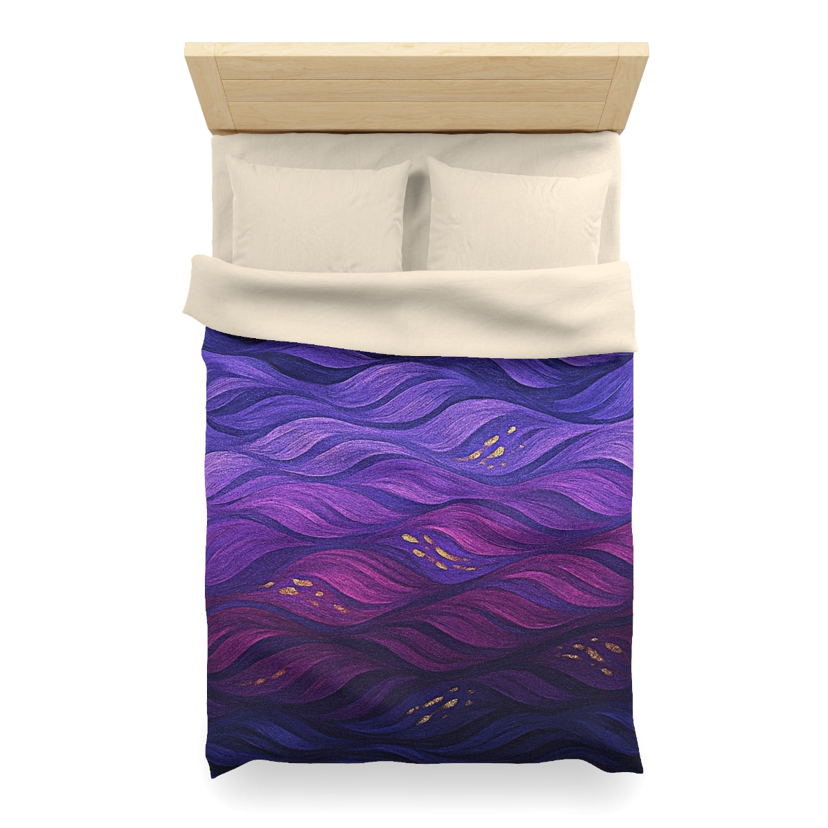 Twin XL size duvet cover in Technicolor with cream lining, swirling purples, blues, and plum tones with golden spots
