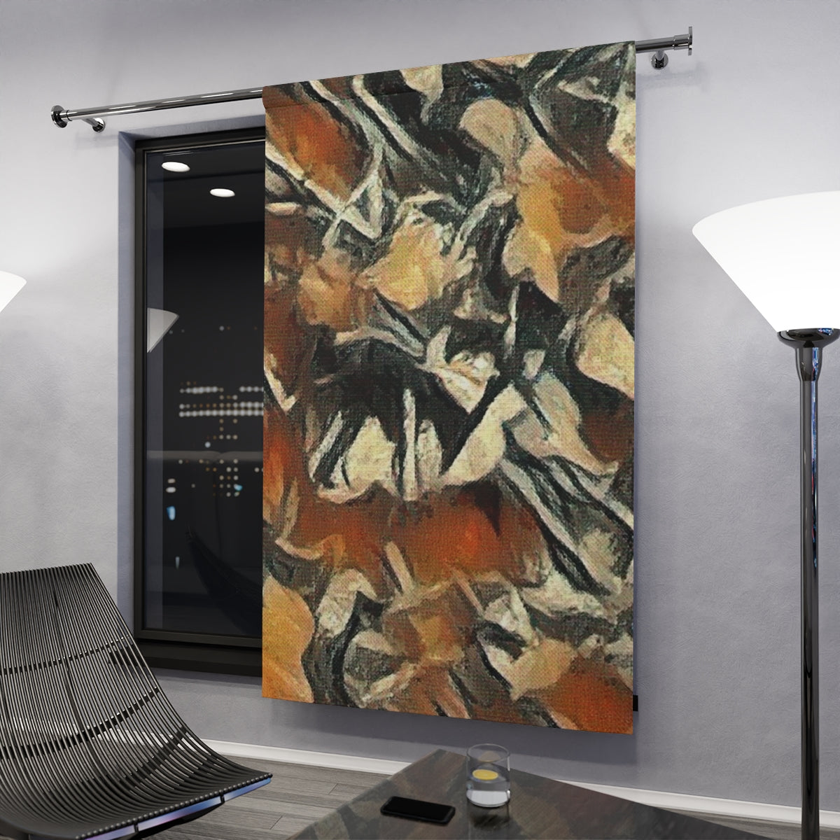 Rust-toned blackout curtain with layered sienna and dark edges under soft night lighting