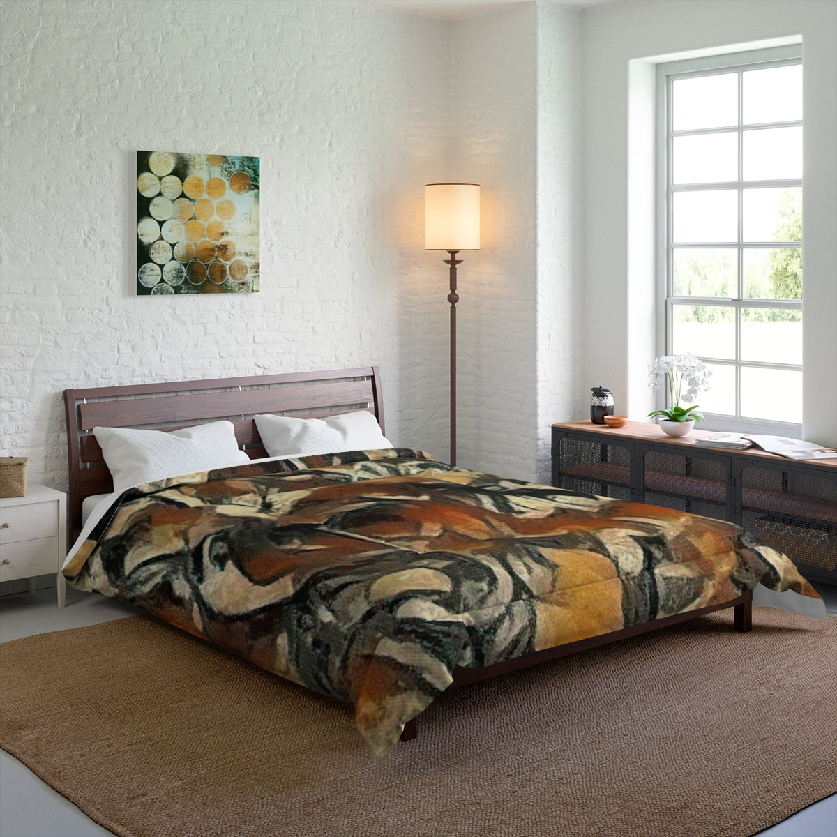 Comforter on a bed, blending rust and ochre into a dense organic pattern, size 88'' x 88''