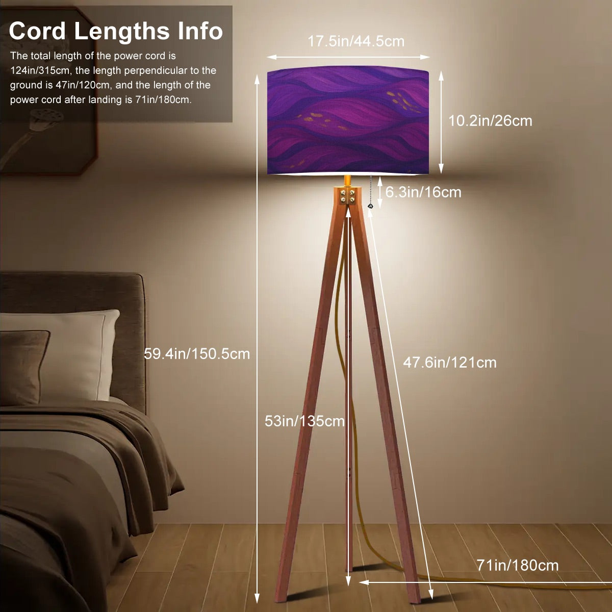 Tripod floor lamp with a linen shade patterned in swirling purple and pink amethyst currents, accented by gold flecks, atop a warm wood base.