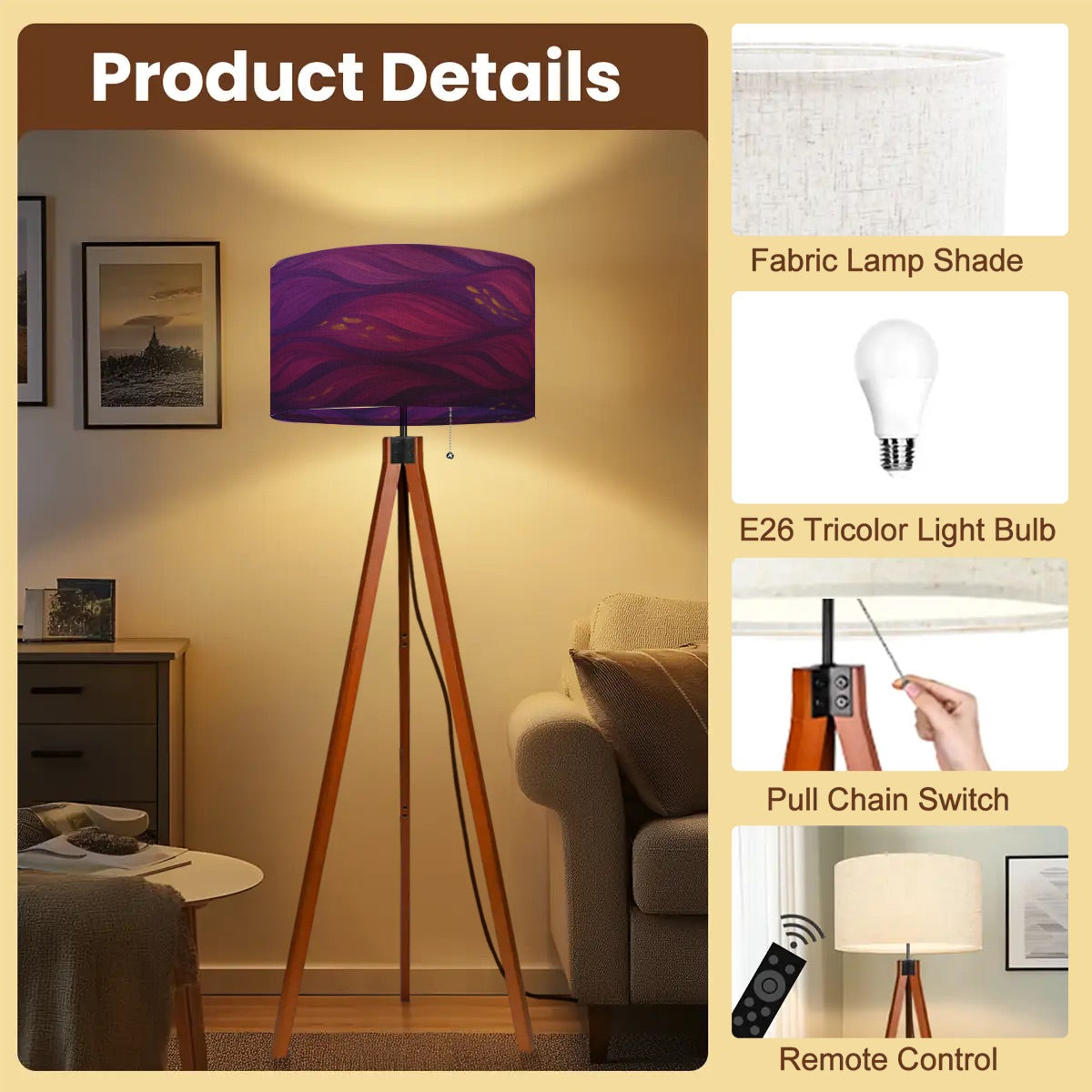 Tripod floor lamp with a linen shade patterned in swirling purple and pink amethyst currents, accented by gold flecks, atop a warm wood base.