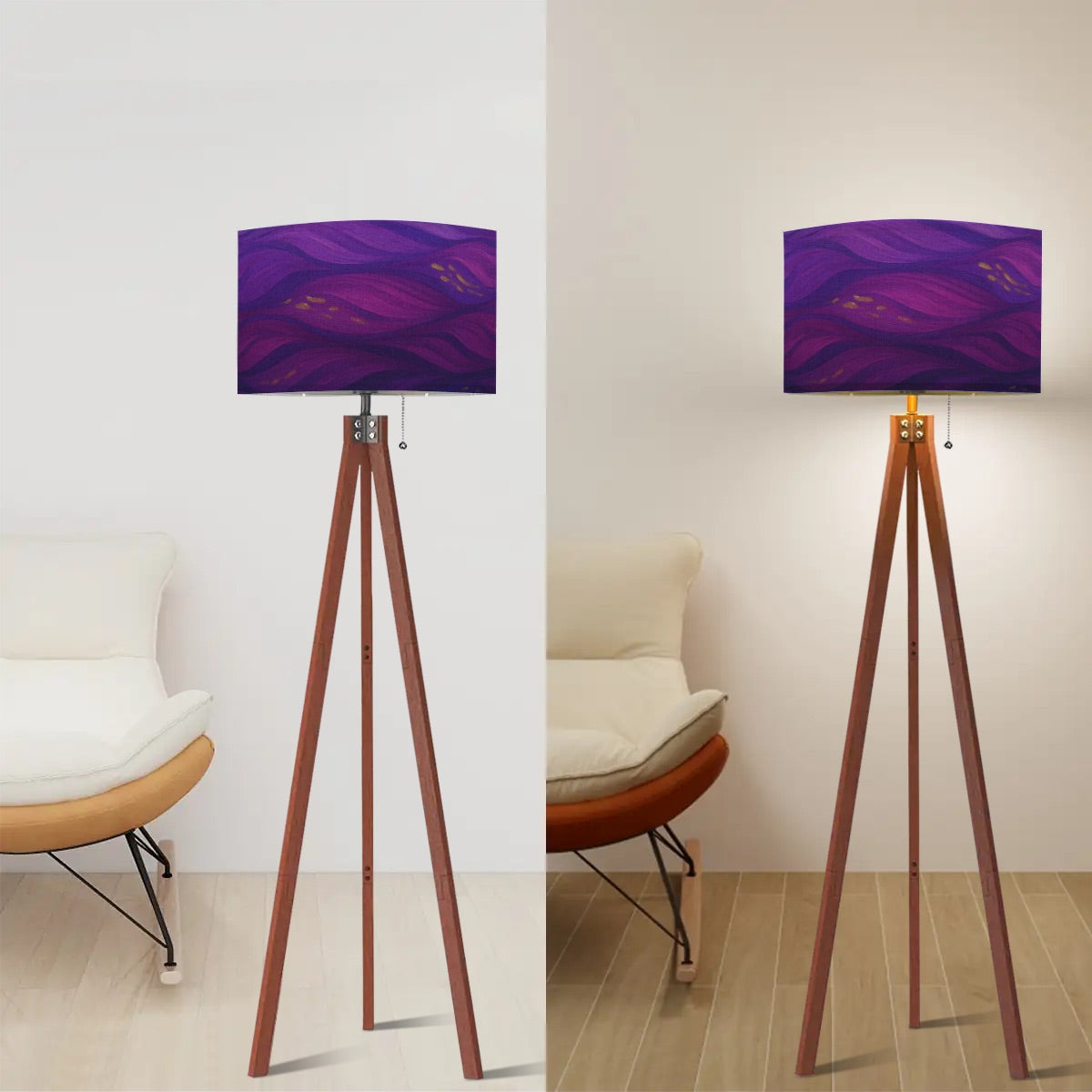 Tripod floor lamp with a linen shade patterned in swirling purple and pink amethyst currents, accented by gold flecks, atop a warm wood base.