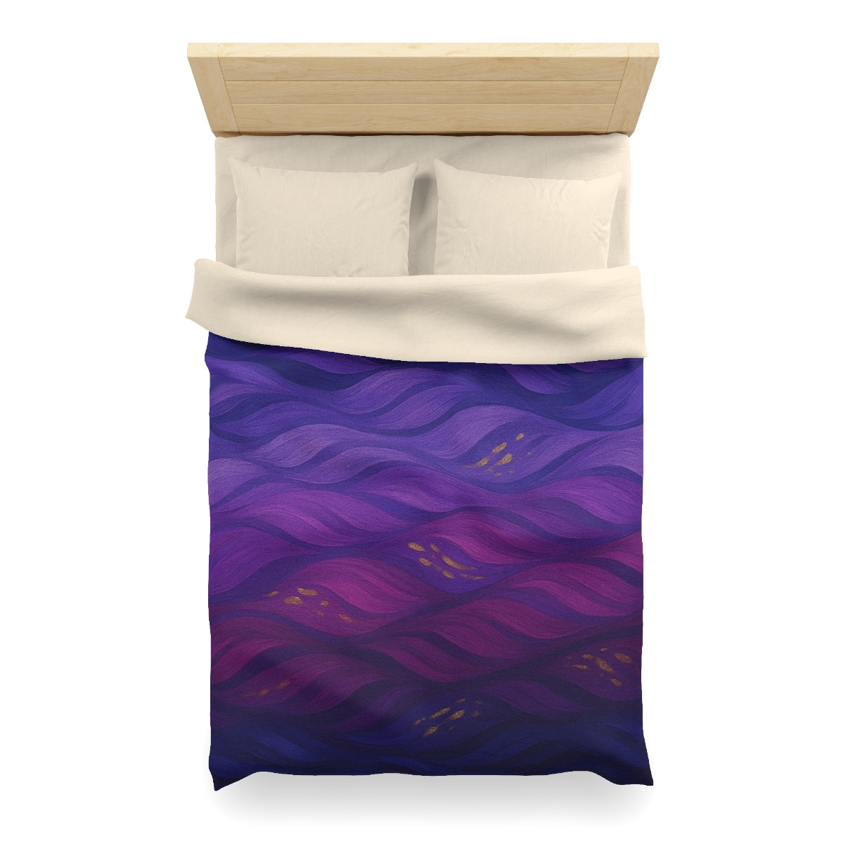 Twin XL size duvet cover in Full Color with cream lining, showing painterly waves in a spectrum of rich jewel tones