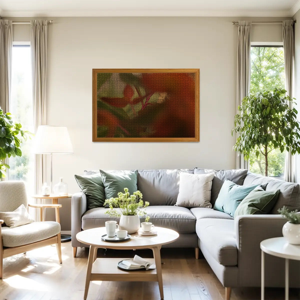 Faded vintage color version of red-green foliage puzzle, dreamy and timeless aesthetic