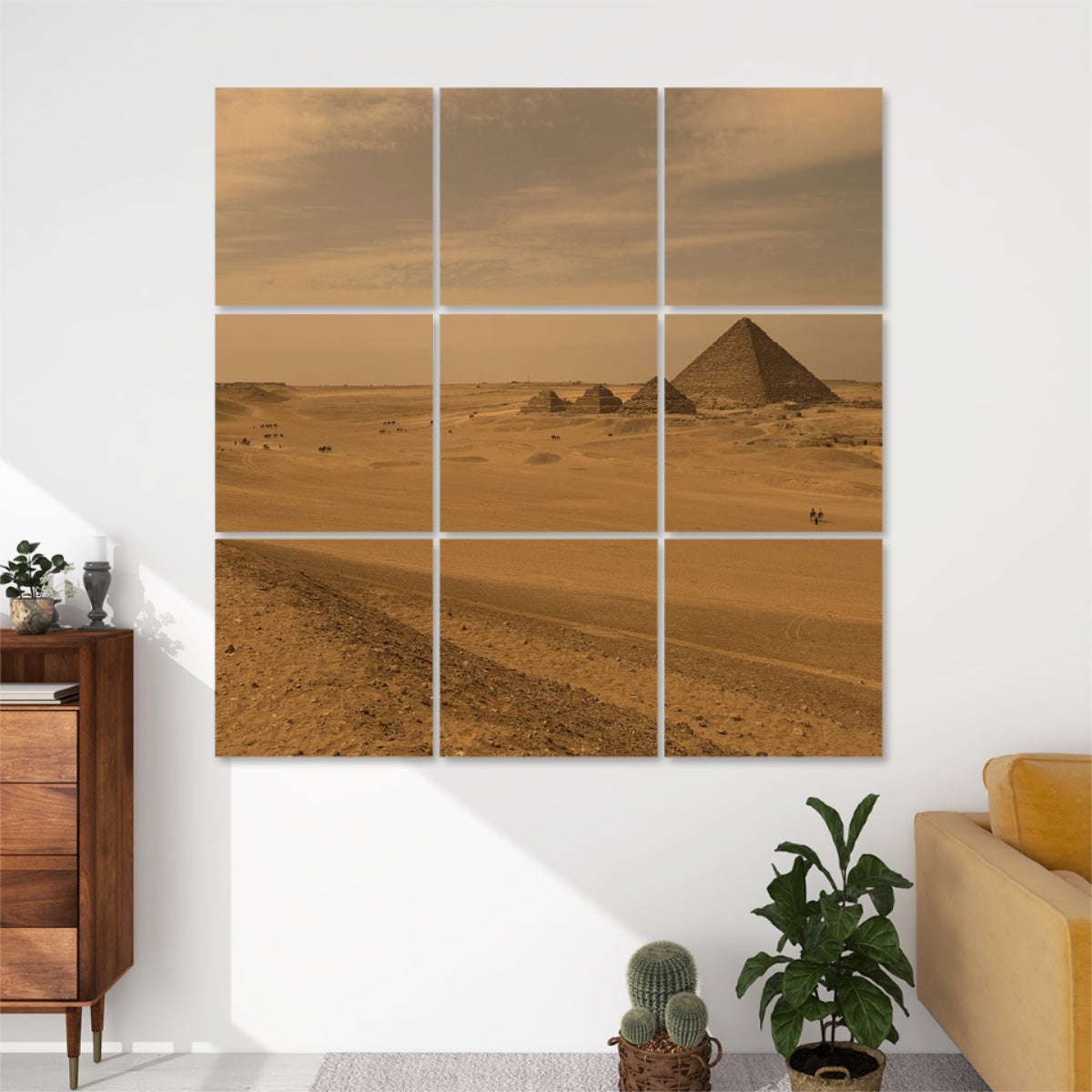 Vintage-style decorative acoustic panel set with faded tones showing the Pyramid of Menkaure