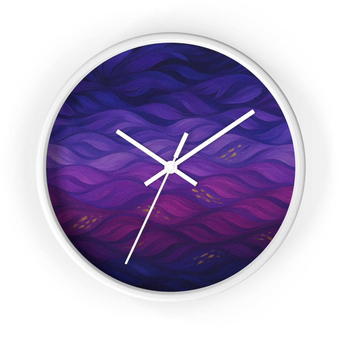 Round wooden clock with a painted white frame, white hour/minute/second hands, and a plexiglass face printed in rich purple and violet wavy bands with gold flecks