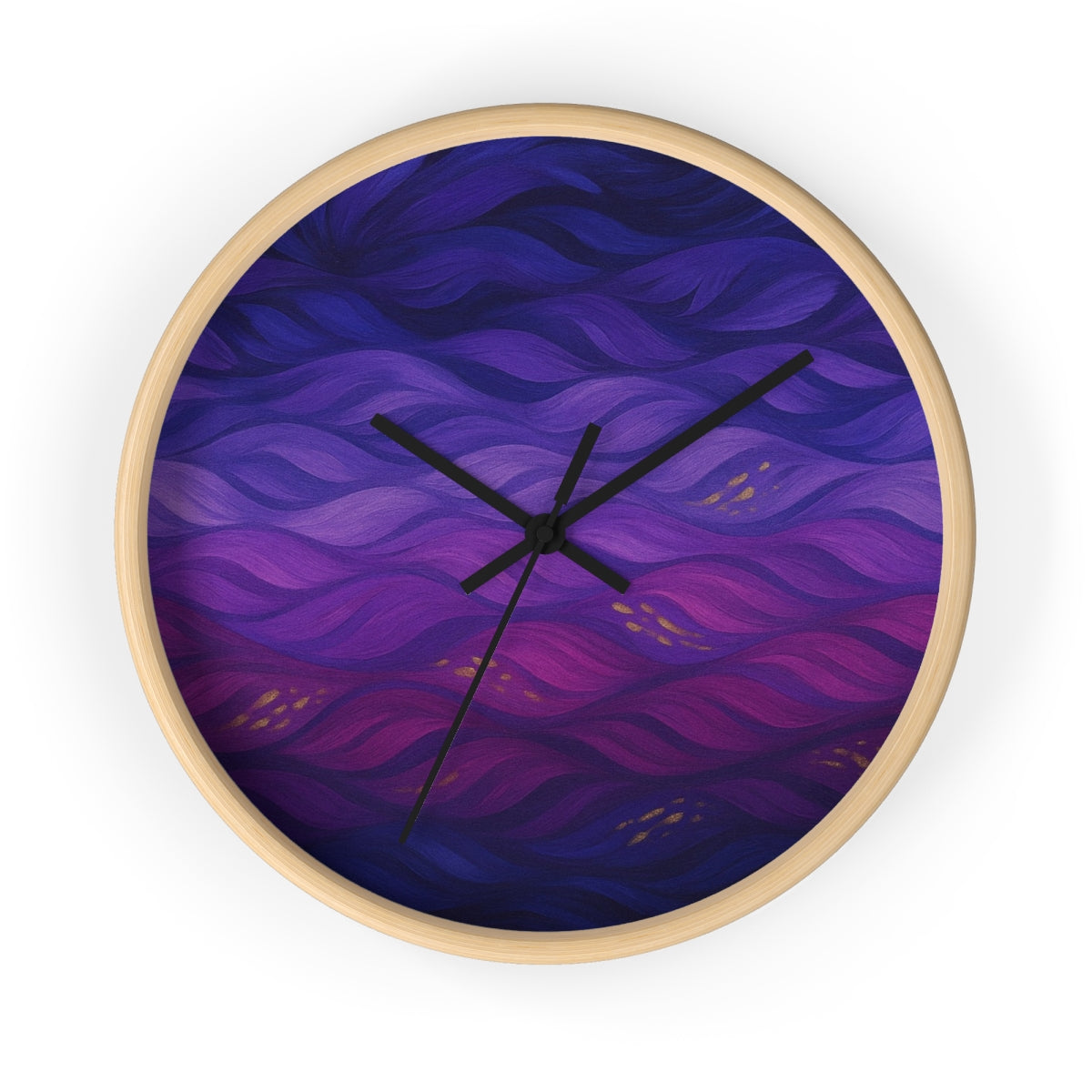 Round wooden wall clock in a natural maple-tone frame, black hour/minute/second hands, and a plexiglass face featuring deep purple and violet waves accented by gold speckles