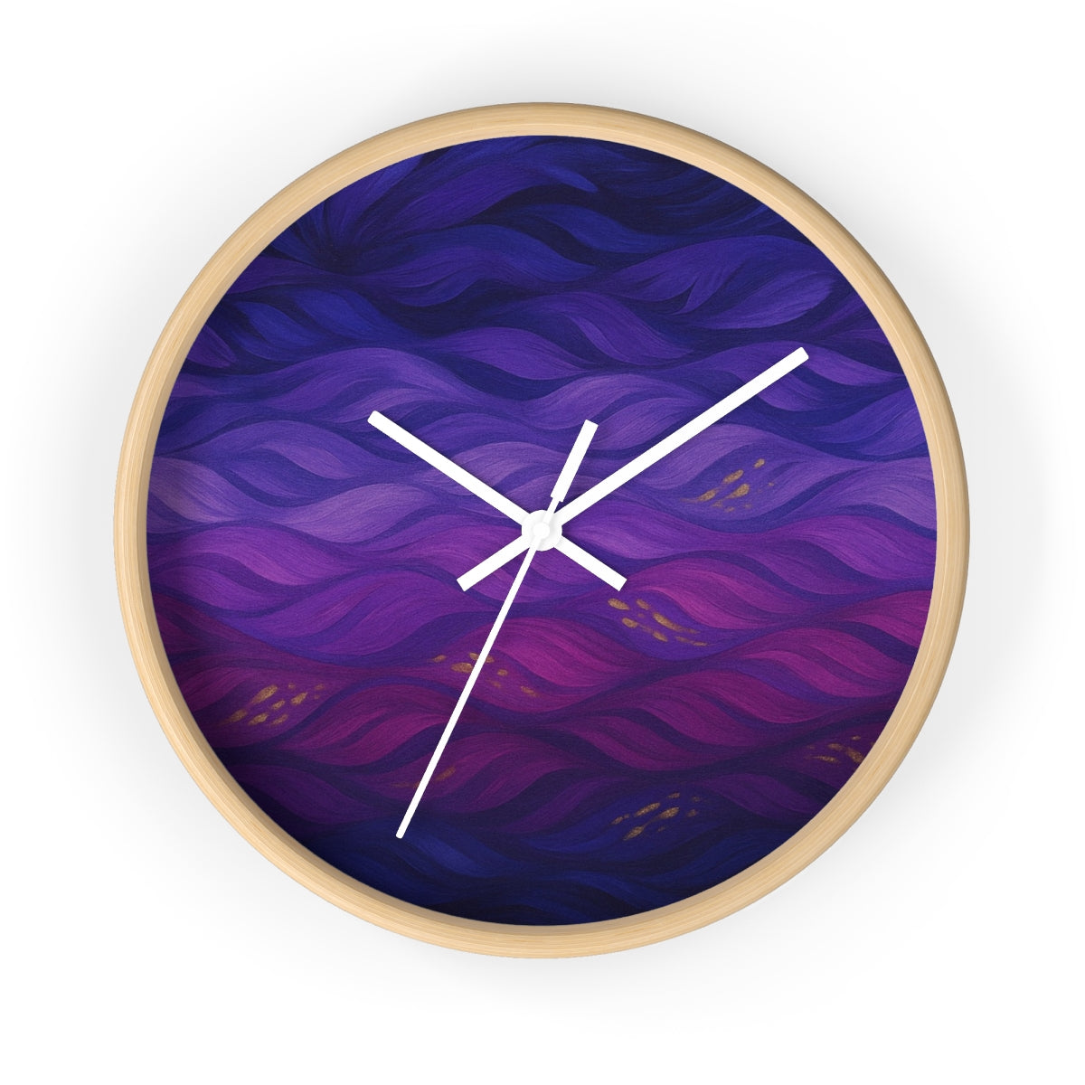 Round wooden clock in a natural light wood frame, white hour/minute/second hands, and a plexiglass face displaying deep purple and violet wave patterns with gold highlights