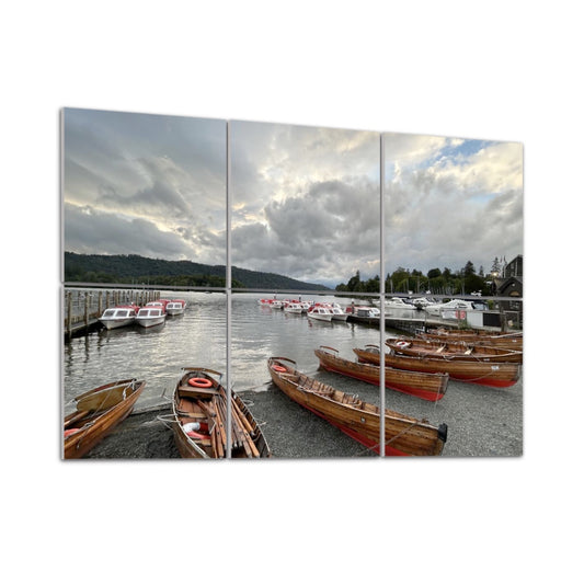 Lake District Windermere Lake 6 Decorative Sound Absorbing Wall Panels featuring boats docked on a cloudy lakeside