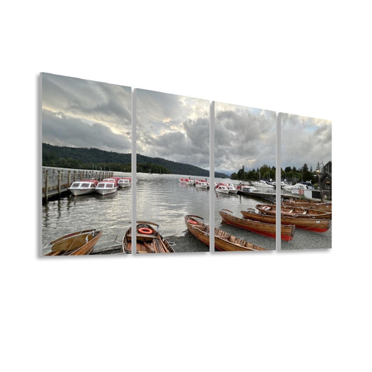 Lake District 4 Decorative Sound Absorbing Wall Panels by Papi's Canvas featuring boats docked on a calm lake under cloudy skies