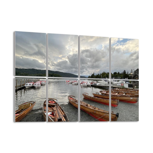 Lake District 8 Decorative Sound Absorbing Panels showing wooden boats docked by a lakeside under a cloudy sky