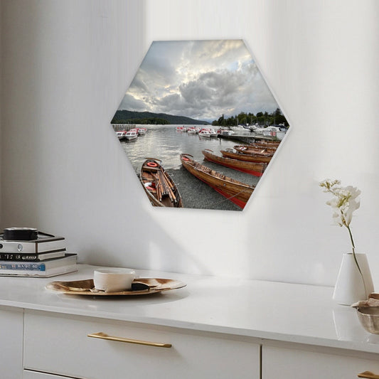 Hexagonal Windermere Lake Sound Absorbing Wall Panel showing boats on lake above white desk with table lamps