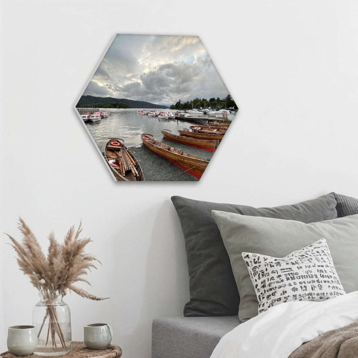 Papi's Canvas Windermere Lake Sound Absorbing Wall Panel with scenic boat and lake print above couch