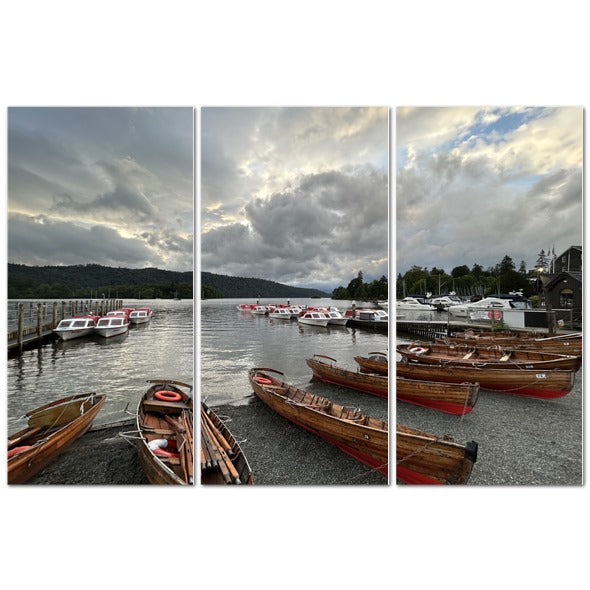 Windermere Lake District Landscape made in UK Triptych Canvas of wooden rowboats and motorboats on calm lake under cloudy sky