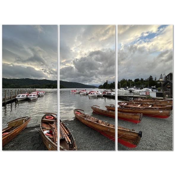 Windermere Lake District Landscape made in UK Triptych Canvas showing wooden rowing boats on a cloudy lake shore
