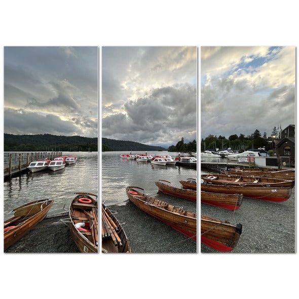 Windermere Lake District Landscape made in UK Triptych Canvas with wooden rowing boats on shore by lake under dramatic cloudy sky