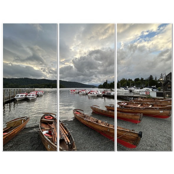 Windermere Lake District Landscape made in UK Triptych Canvas of wooden boats and moored motorboats on lake under cloudy sky