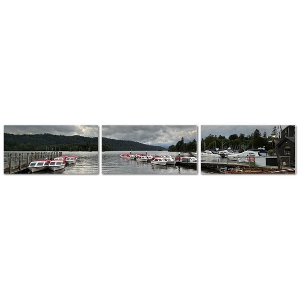 Windermere Lake District Landscape made in UK Triptych Canvas featuring lakeside view with moored boats under cloudy sky