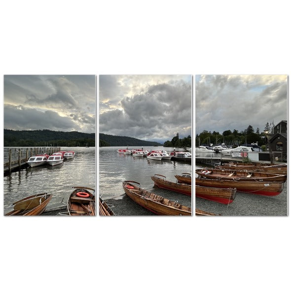 Windermere Lake District Landscape made in UK Triptych Canvas showing wooden rowing boats and motorboats at a cloudy lakeside pier