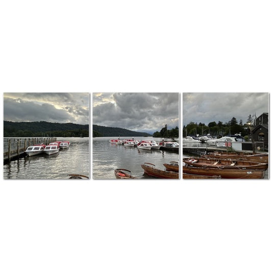 Windermere Lake District Landscape made in UK Triptych Canvas showing moored boats and wooden rowboats on cloudy lake