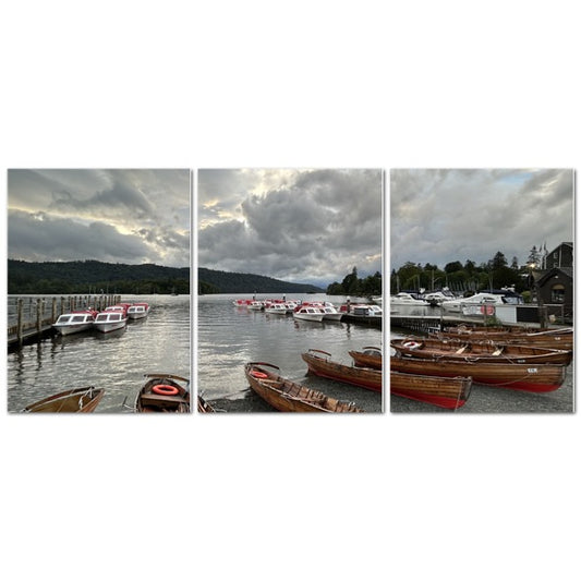 Papis Canvas Windermere Lake District Landscape made in UK Triptych Canvas panoramic three panel of wooden boats on lake