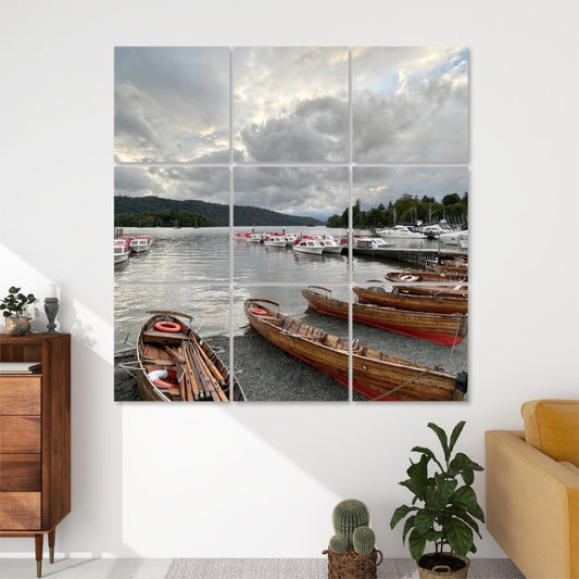 9 Decorative Sound Absorbing Panels featuring a serene lake with wooden boats and cloudy sky wall art