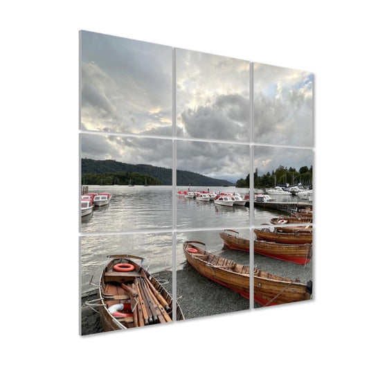 9 Decorative Sound Absorbing Panels featuring a serene lake with wooden boats and cloudy sky landscape