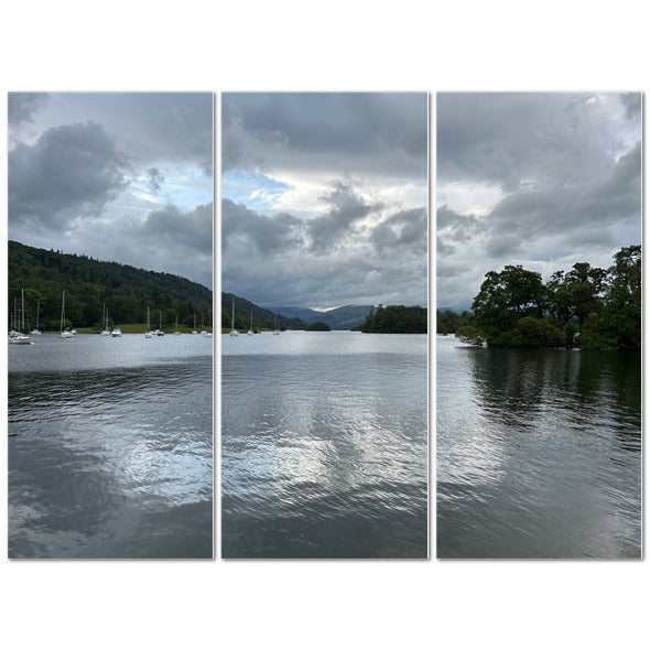 Windermere Lake Landscape Made in UK Triptych Canvas wooden rowing boats on shore and moored boats under cloudy sky