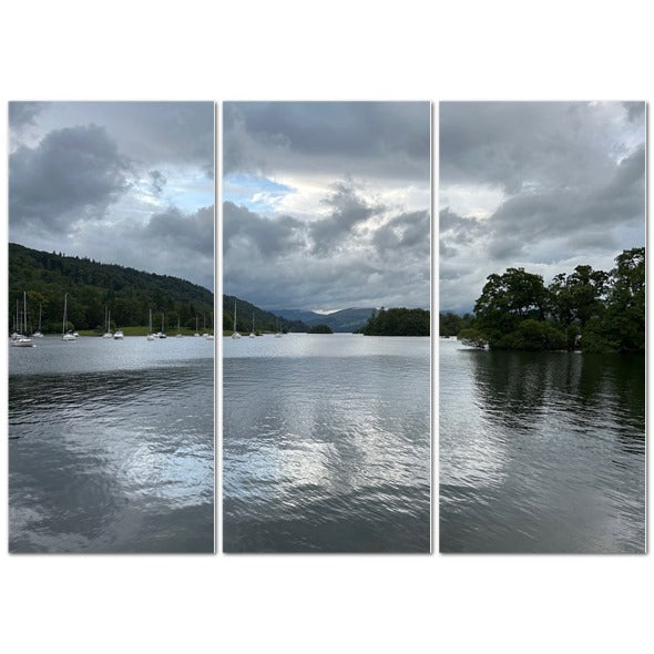 Windermere Lake Landscape Made in UK Triptych Canvas wooden rowing boats on pebble shore with moored motorboats