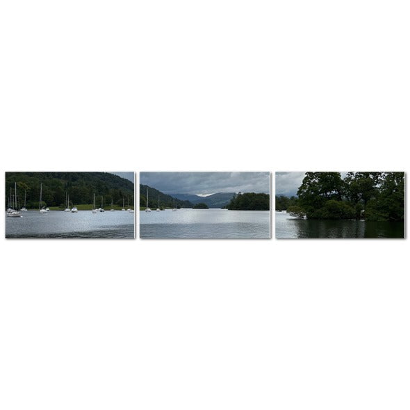Windermere Lake Landscape Made in UK Triptych Canvas by Papis Canvas lakeside boats moody sky wall art