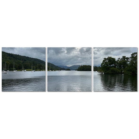 Windermere Lake Landscape Made in UK Triptych Canvas showing three panel lake scene with moored boats and cloudy sky