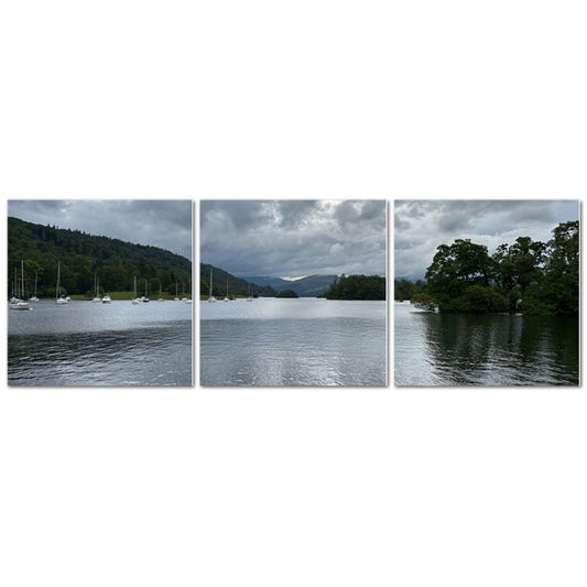 Windermere Lake Landscape Made in UK Triptych Canvas showing three panel lake scene with moored boats and cloudy sky