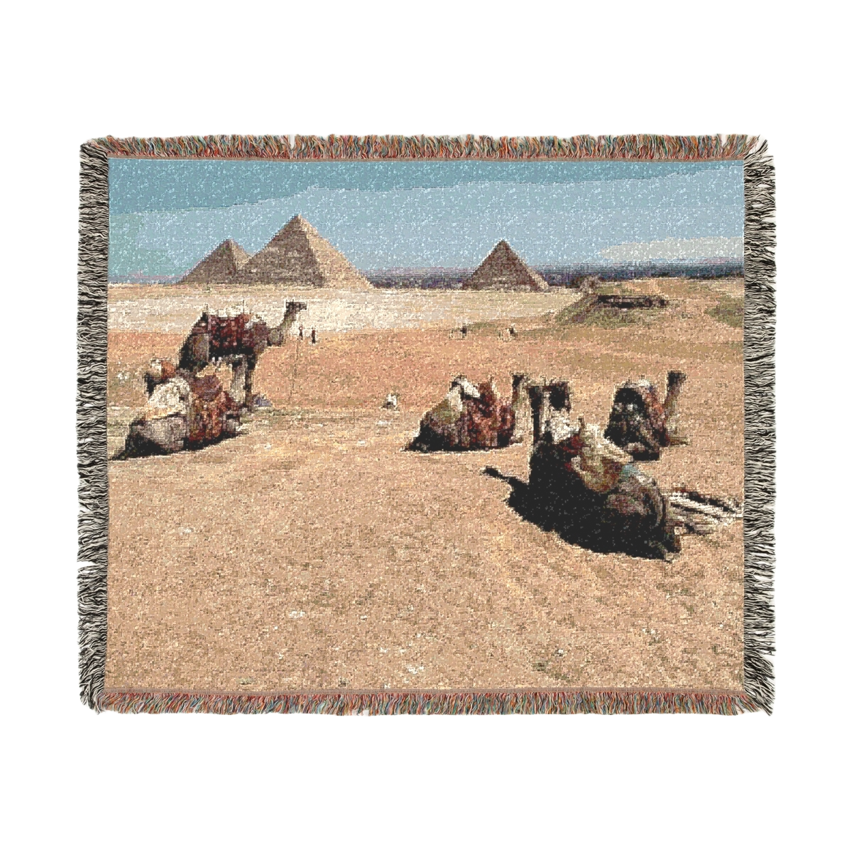 woven blanket featuring camels desert and pyramids of giza size:52''37''