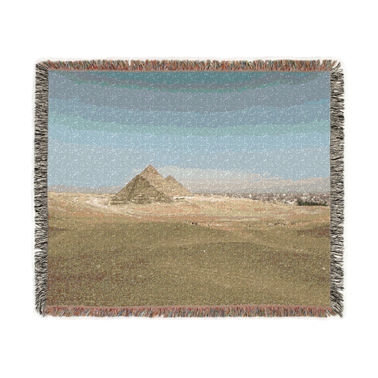 woven blanket featuring desert blue sky and pyramids of Giza size: 60''x50''x